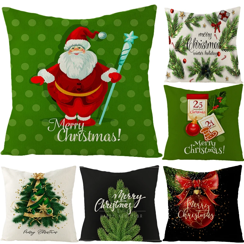 

Merry Christmas Home Decor Pillow Cover Pine Branch Wreath Printed Green Cushion Cover Windowsill Decoration Pillowcase 45x45cm