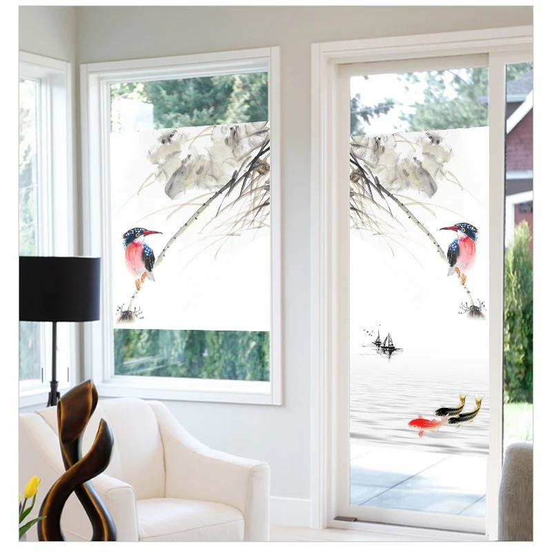 Stained Glass Window Film Floral Birds Frosted Static Cling Privacy Film Custom Size for Home Office Door Wardrobe Kitchen Decor