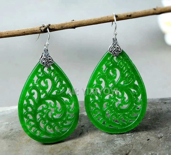 Beautiful 925 Silver Green Jade Hollow Flower Dropping Dangle Ancient Design Lucky Earring Charm Gift Earrings Fine Jewelry