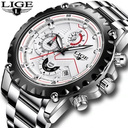 2023 LIGE Fashion Silver Mens Watch Top Brand Luxury Full Steel 30M Waterproof Watch Men Quartz Clock Business Watch Chronograph