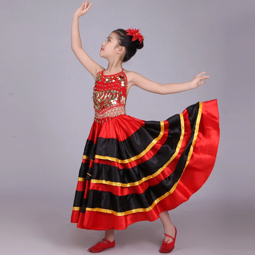 Halloween School Party Dance Costumes Kids Girls Flamenco Skirt Red Black Spanish Traditional Performance Sequin Vest