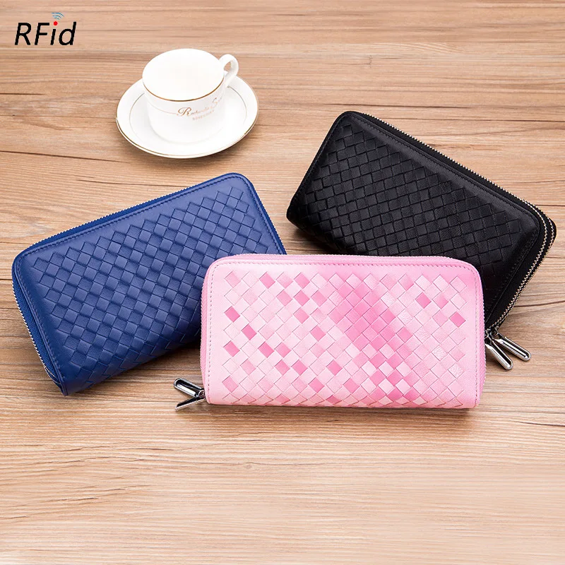 Women Wallet Genuine Leather Long Wallets Ladies RFID Anti-theft Phone Clutch Bag Double Zipper Hand Knitting Wrist Bag Purse