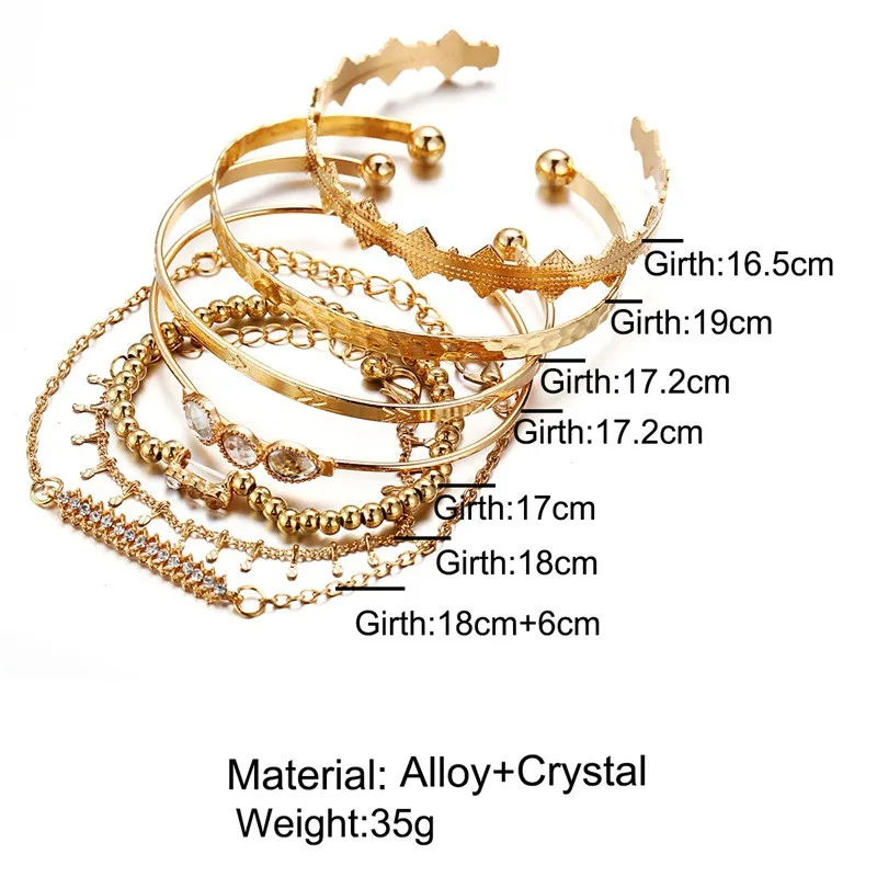 Woozu 7Pcs/set Punk Gold Color Cuff Bangle Set Arrow Rhinestone Triangle Charm Bracelets Bangles Women Bohemian Vintage Jewelry