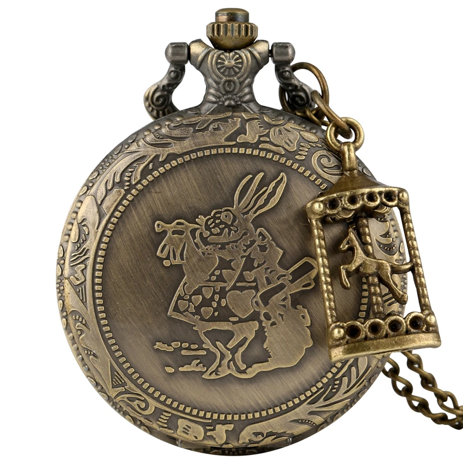 Montre de Poche à Quartz en Bronze pour Femme et Enfant, Interrupteur Lapin, Pendentif Collier, Horloge, Cadeaux, Accessoire Carrousel