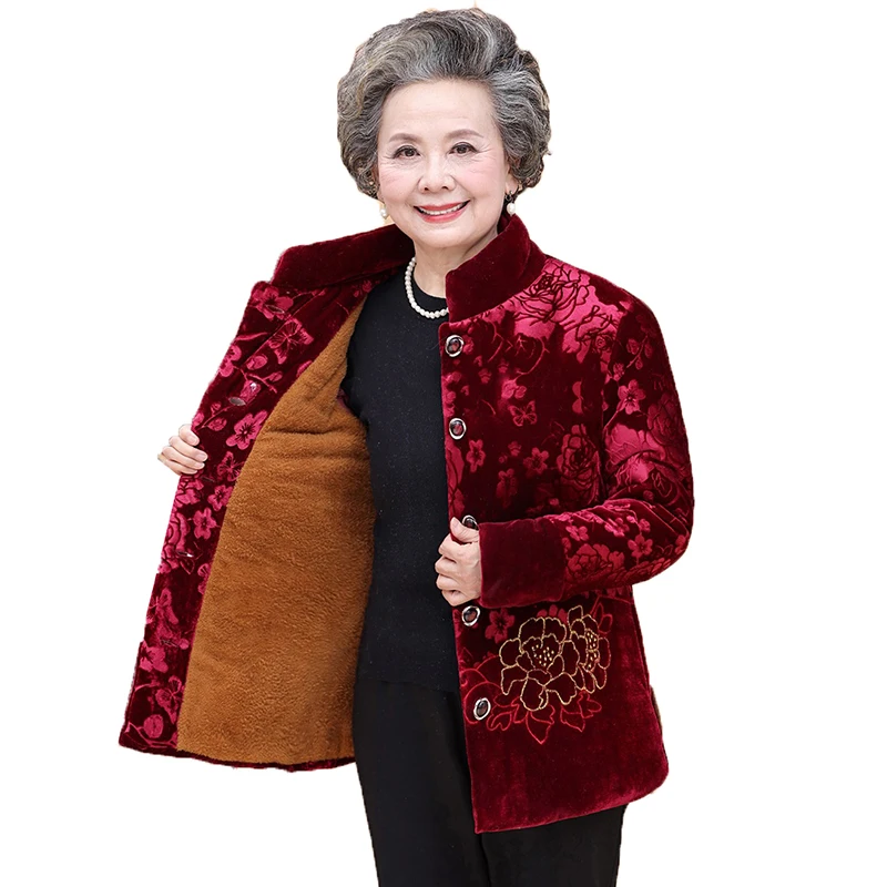 Women\'s Cotton Coat Parker Fashion Middle-aged Elderly Grandmother Winter Jackets Add Velvet Warm Printing Overcoat Parkas 5XL