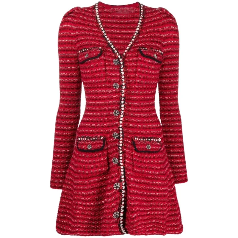 2021 New Arrive Red Color Knitted Women Mini Dress V Neck Long Sleeve Slim Lady Short Dress