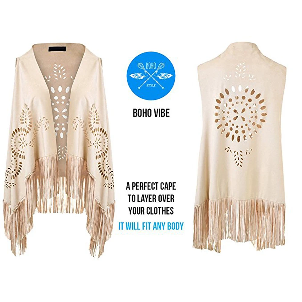 Suedette V-Neck Front-Open Fringe Sleeveless Cardigan Gilet Vest with Punch Hole Patterns for Ladies Dropshipping