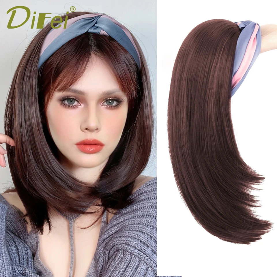 DIFEI Synthetic Headband Wigs Short Straight Natural Black Bob Wig Fit The Head Heat Resistant Fake Hair For White/Black Women