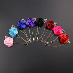 High-grade Ribbon Rose Flower Golden Leaf Fashion Brooch Pin for Men Women Silk Buttonhole Groomsmen Party Prom Suit Accessories