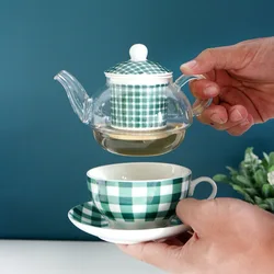 Ceramic Tea for One Set Checkered Design Glass Teapot Fine Bone China Saucer Teacup Tea Strainer Infuser Teaware with Gift Box