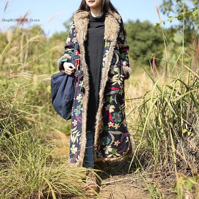 Vintage Cotton Padded Clothes Jaqueta Feminina Ethnic Style Winter Coat Fur Collar Long Dust Coat Windbreaker Cotton Linen