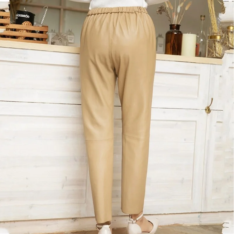 Straight Sheepskin Pants Office Lady Genuine Leather Elastic Waist Pleated Solid Ankle-Length Pants Women Spring Autumn Korean