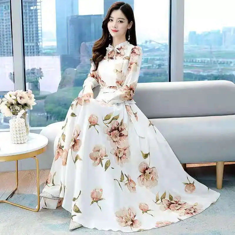 2024 Spring and Summer Women's Long Sleeve Dress Retro Printed Dress Elegant Bow Party Holiday Party Long Swing Dress Lady