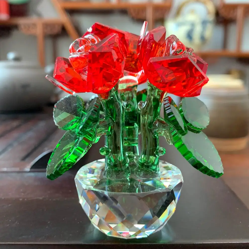 6 Colors Crystal Glass Rose Flower Figurines Unfading Bouquet