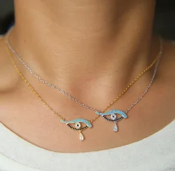 925 sterling silver new arrive pave clear blue black cz Danity delicate thin chain turkish evil eye charm drop silver necklace