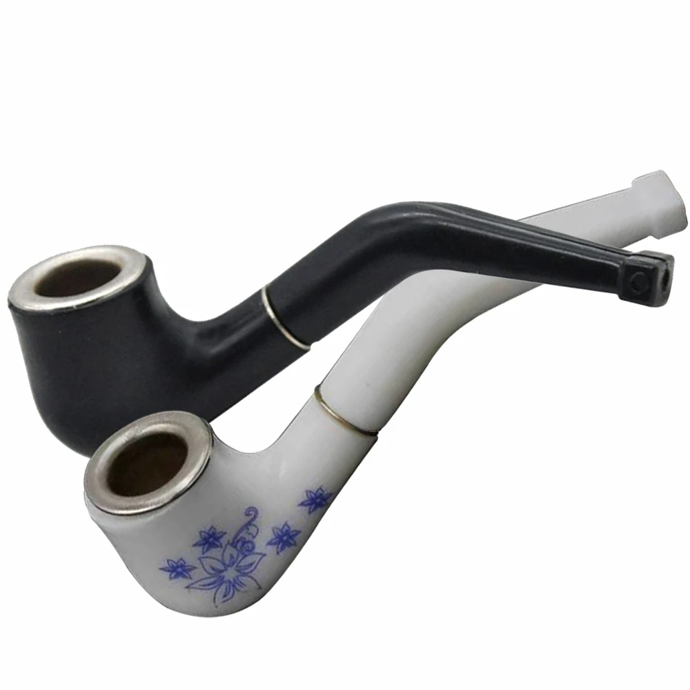 Handheld Mini Tobacco Pipe Retro Blue White Pattern Smoking Pipe Resin Bent Pipe Cigarette Holder Filter For Beginner Smoke Tool