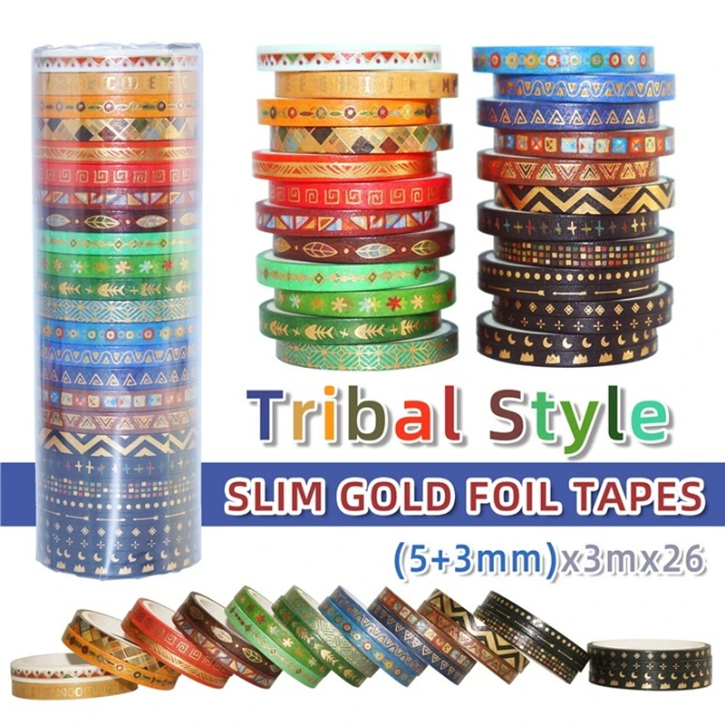 

26pcs Tribal Style Washi Tapes Set 5mm 3mm Slim Gold Foil Adhesive Masking Tape Decoration Stickers Mark Symbol Home Art A6614