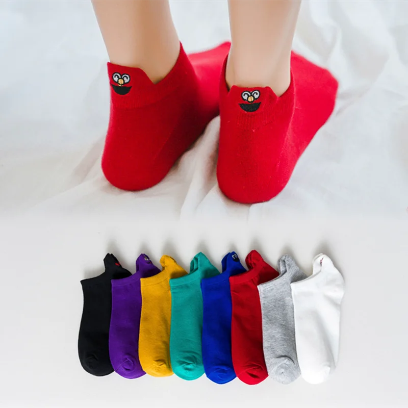 New Fashion 1Pair Kawaii Women Socks Happy Ankle Funny Socks Harajuku Ladies Cotton Embroidered Expression Candy Color Sox