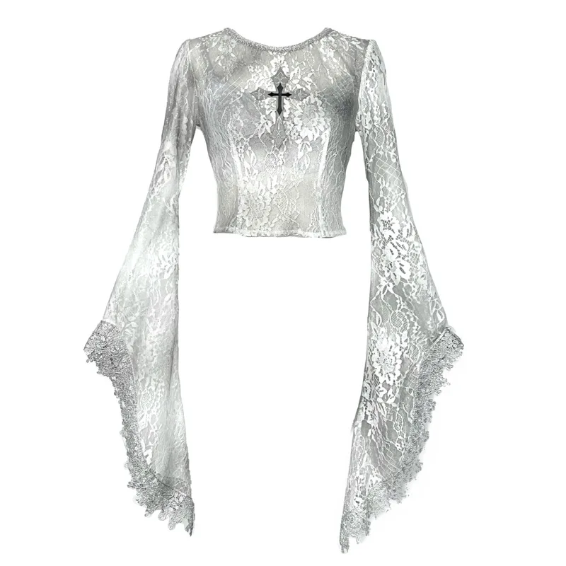 Original Rose Funeral Gothic Dirty Dyed Lace Embroidery Blouse Cross Long Flare Fly Sleeve Bottoming Shirt Blouse Women Tops