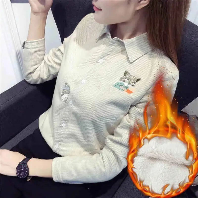 2024 neue Winter Frauen Dicke Fleece Shirt Weibliche Lange Hülse Streifen Stickerei Fleece Tops Casual Überprüfen Bluse Herbst Kleidung