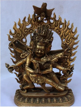 Old Tibet Buddhism Bronze Gilt 3 Head 6 Arms Mahakala Yab-Yum Buddha Statue