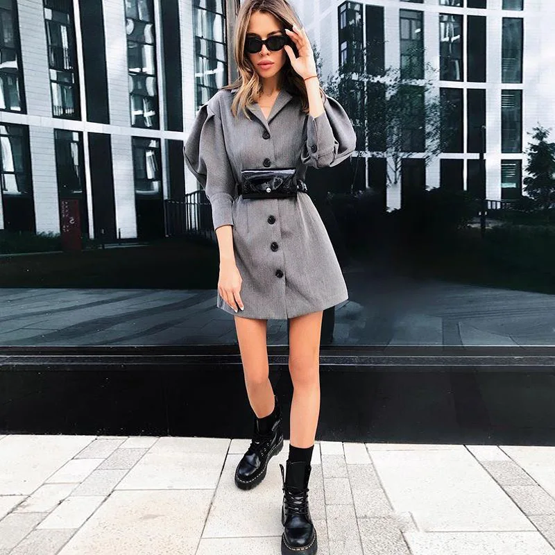 Chic Women Suits In Stock Cheap SIngle Breasted Long Lantern Sleeve Blazer Dress High Quality Slim Fit Daily Casual Coat 1 Piece