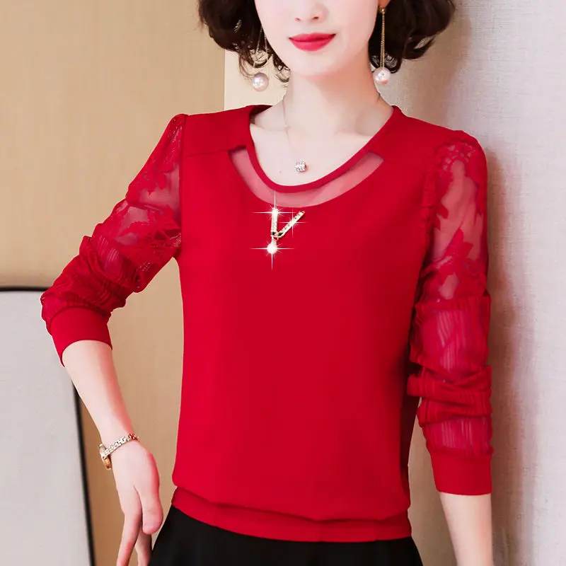 Lace patchwork Solid O-neck Hollow out tee Women Fashion elegant regular plus size 5XL T shirt ladies 2021 new black spring tops