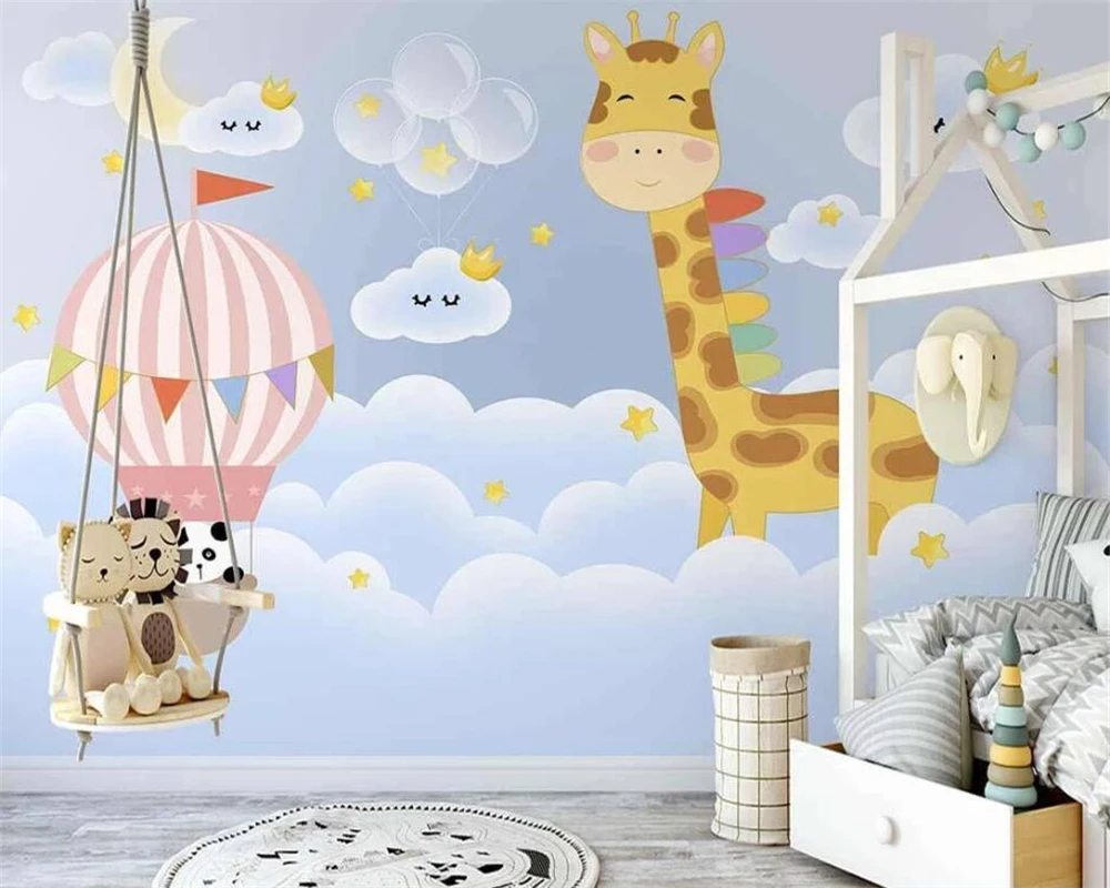 

beibehang Customize new nordic hand-painted hot air balloon cartoon giraffe children room background papel de parede wallpaper