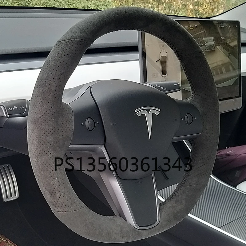 For Tesla model S model X Model 3 hand-stitched leather flip-furry steering wheel cover special