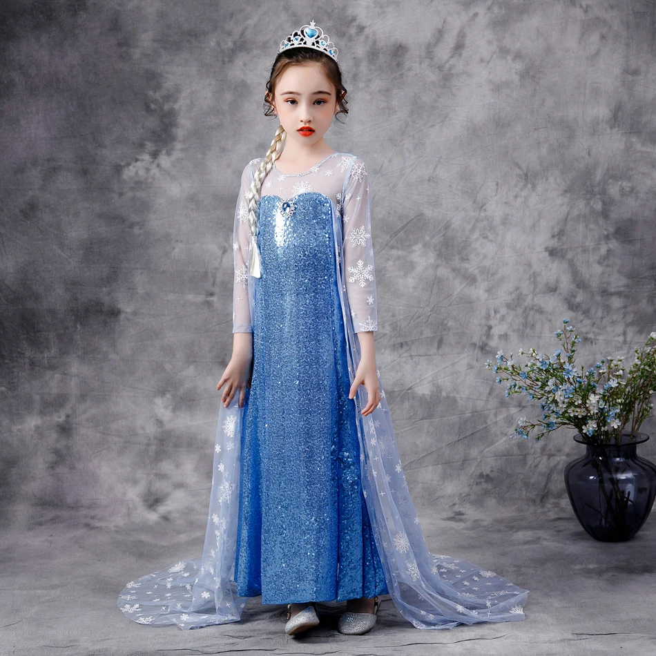 2020สาว Elsa 2 Princess Sequin ชุด Snowflake Cape Crown เสื้อผ้าเครื่องแต่งกายฮาโลวีนสำหรับเด็กแฟนซีชุด