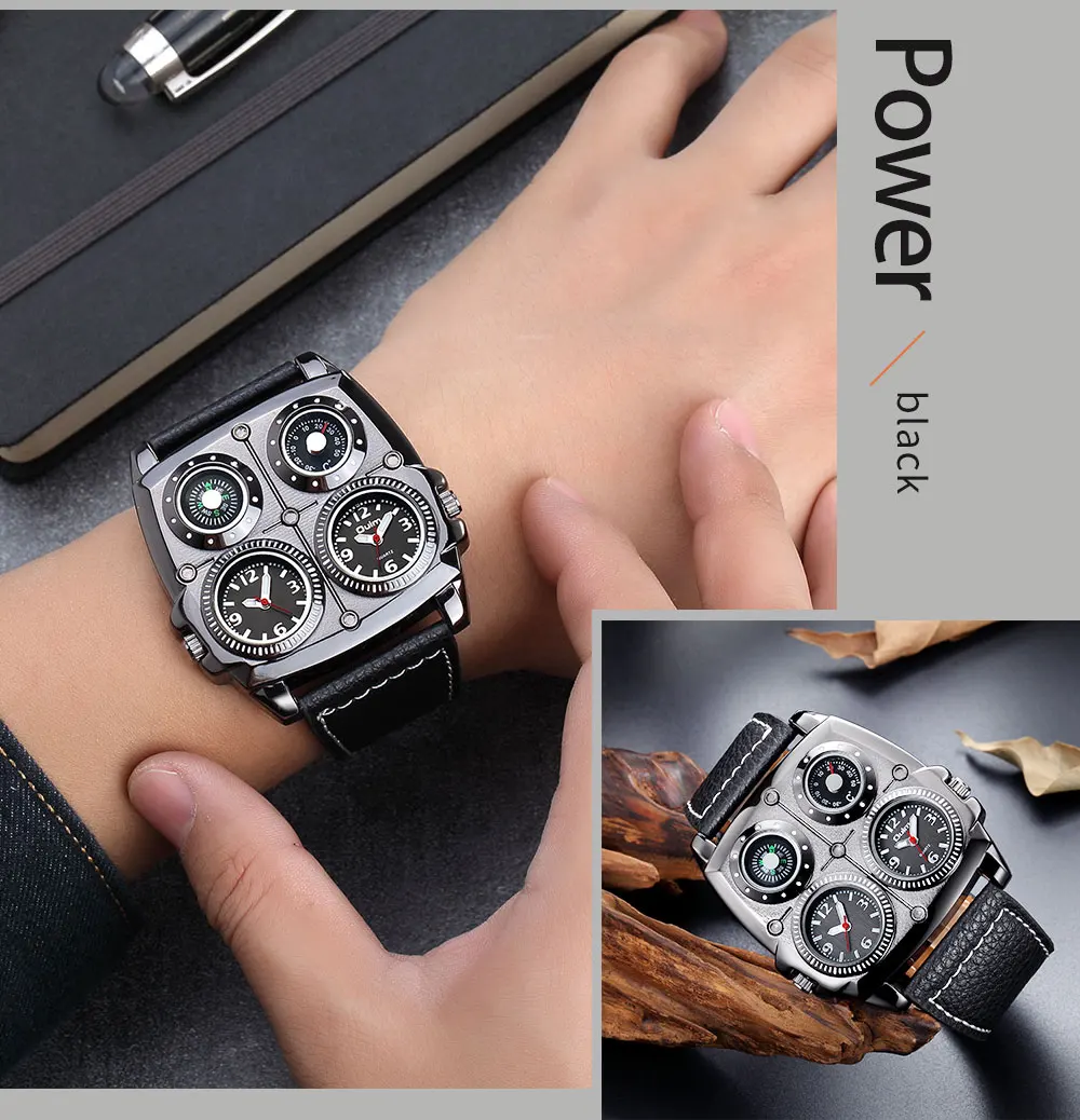 Oulm Men's Watches Two Time Zone Army Pilot Style Watch Big Size Military Quartz Clock Male Leather Strap Wristwatch