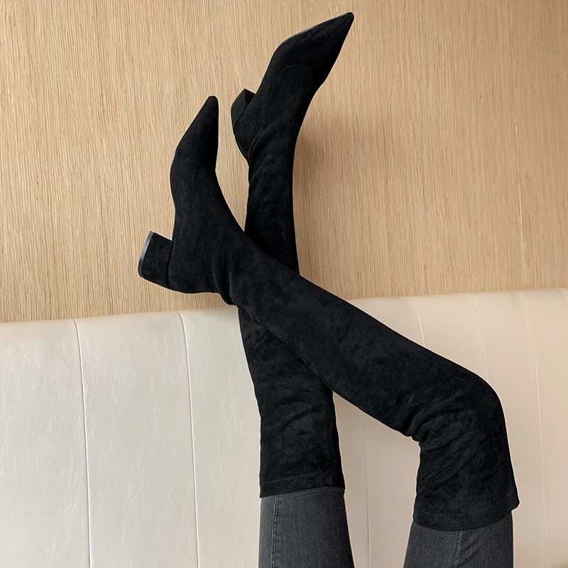 2024Sexy High heels Over The Knee Boots Women Stretch Thigh High Boots Ladies Autumn Winter Kid suede Thick Heel Long Boots Shoe