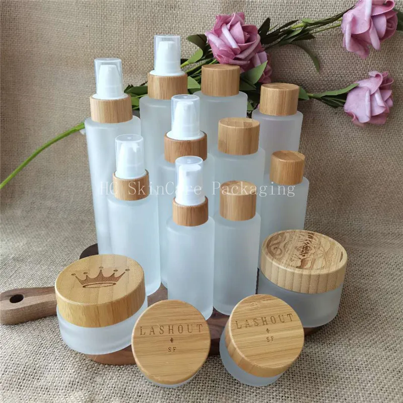 

High Quanlity Matte Glass Empty Bottle 30/50/100/120/150ml Custom Logo Natrual Bamboo Cap Skin Care Lotion Bottles Bulk