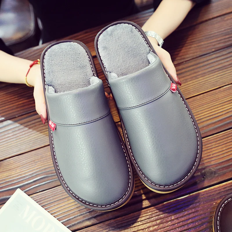 Coffee mens winter slippers short plush indoor shoes unisex fashion leather slipper man bedroom foot wear