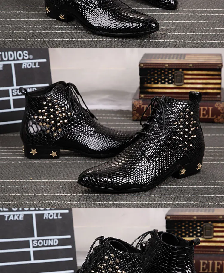 Herren-Chelsea-Stiefel aus echtem, glänzendem Leder, spitzer Zehenbereich, mit Nieten verziert, Schnürstiefel, luxuriöse Mode für Herbst, Bankette und Partys – Detail 3