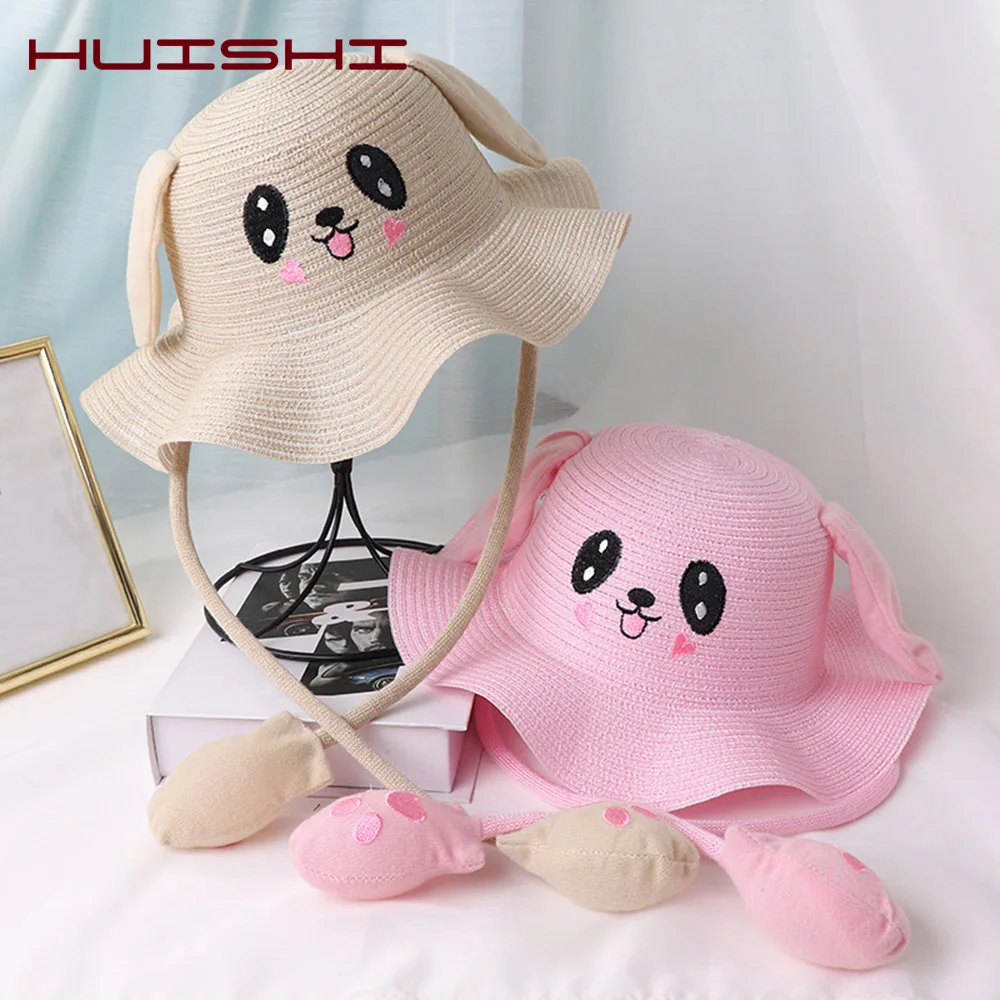 

HUISHI Summer Children's Hat Baby Bucket Straw Cap Cute Cartoon Dance Airbag Ears Rabbit Panama Hats For Girls Baby Beach Sunhat