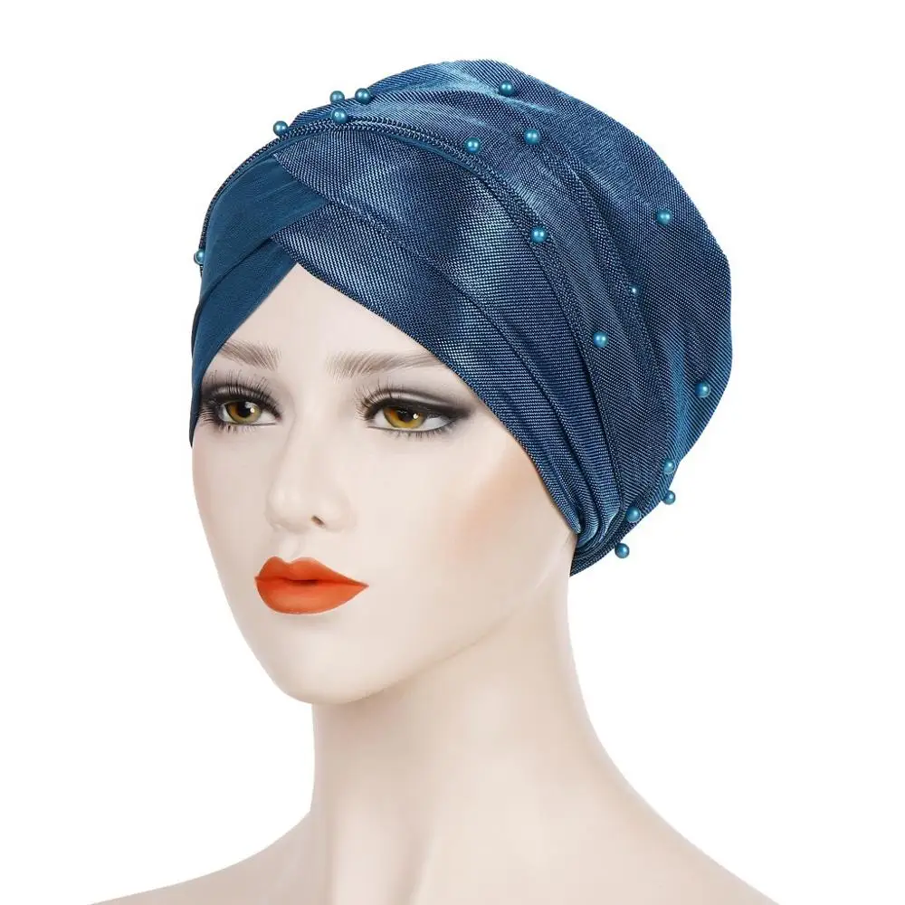 Écharpe de Sauna Islamique pour Femme Musulmane, Bonnet, Turban à Perles, Hijab, Casquettes Indiennes, Vide, 3 Plis