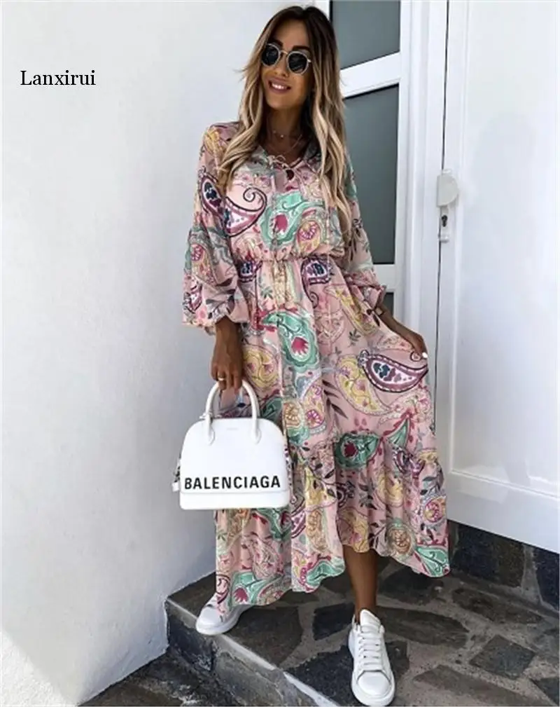 Vintage Floral Print Dress Women Autumn Elegant O-Neck Party Long Dress  Lantern Long Sleeve Boho Dress Vestidos  XXXL