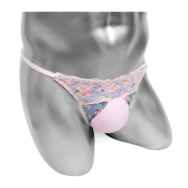 Floral Men Lace Briefs Underwear Penis Bulge Pouch U Convex High Cutting Sissy Lingerie Panties Low Rise Cute Bikini