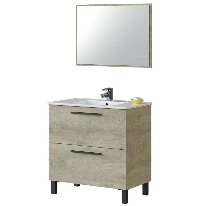 Bathroom Furniture Athena Oak Alaska 2 drawers + mirror Industrial style 80x45 cm includes ceramic basin