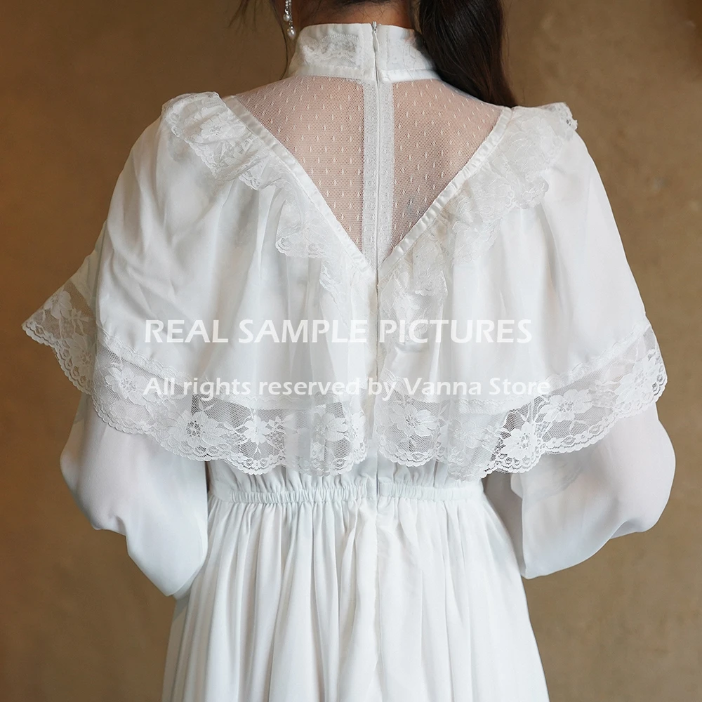 Medieva-Robe de Mariée Victorienne en Mousseline de Soie à Col Haut, Sur Mesure, Grande Taille, Manches sulf, Dentelle, Thé, Longueur Midi, Courte, Patients, Quelle que soit