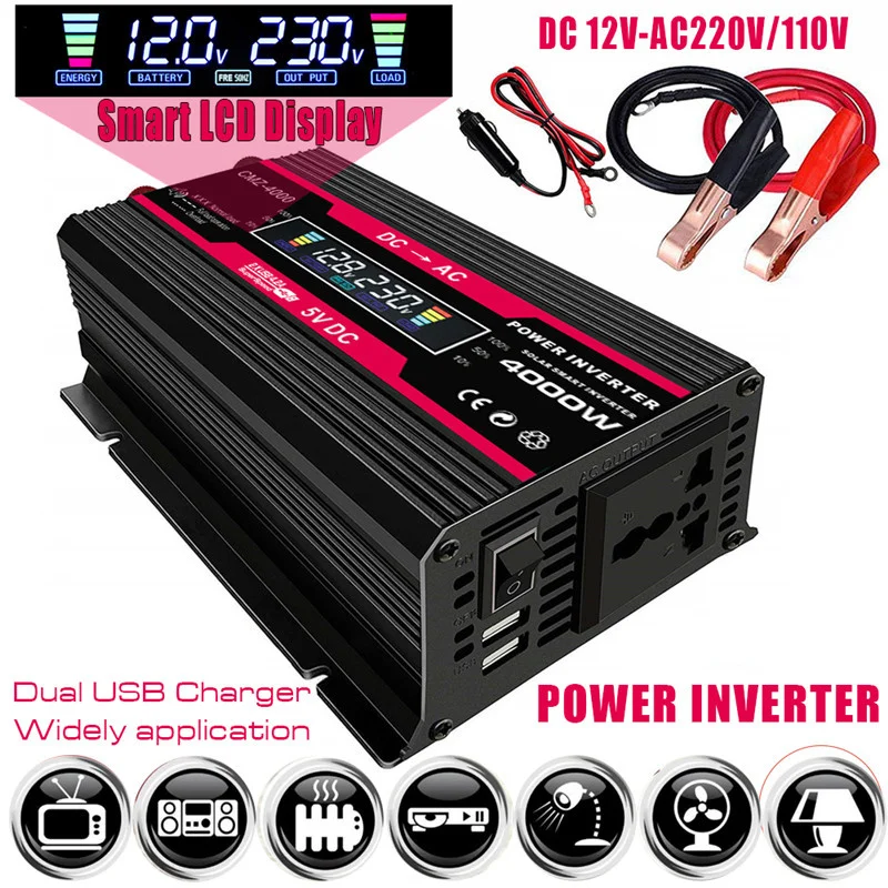 

Hot sale LCD Display 300 to 4000W Car Power Inverter DC 12V to AC 110V 220V AC Outlet Converter Dual USB Ports