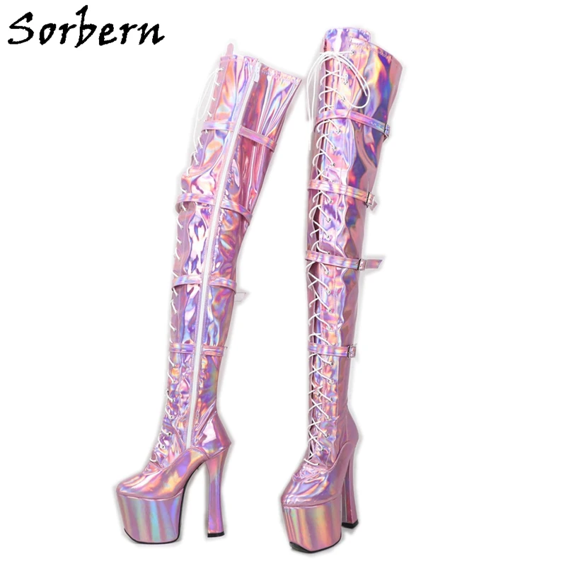 

Sorbern Pink Holographic Boots Women Crotch Thigh High 20Cm Extreme High Heel Chunky Long Boots Custom Thigh Width Unisex Shoes