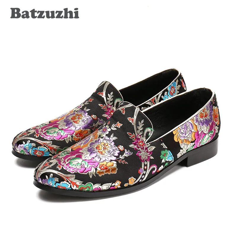 

Batzuzhi Luxury Handmade Flowers Print Suede China Style Men Loafers Wedding and Party Men Shoes Fashion Men's Loafers, 38-46