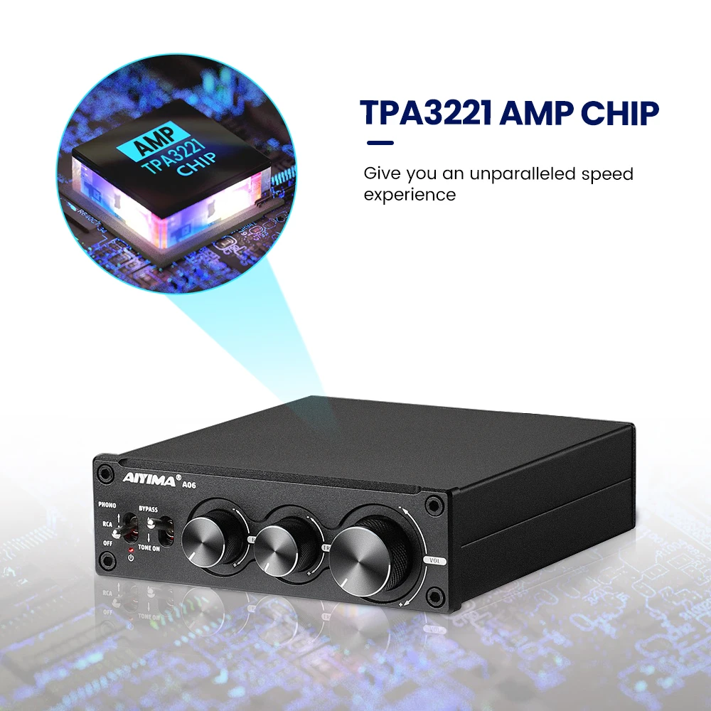 AIYIMA-AMPLIFICADOR DE Audio A06 MM/MC Phono, TPA3221, 100Wx2, estéreo, HiFi, para tocadiscos, fonógrafo, preamplificador de graves agudos