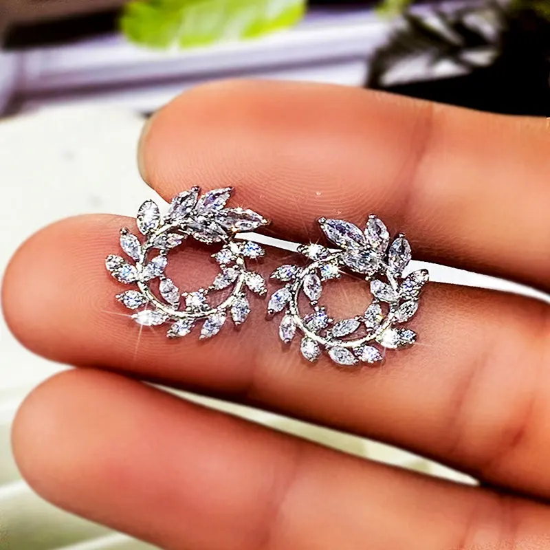 Huitan Fashion Olive Branch Leaf Earrings for Women Full Paved Shiny White CZ Luxury Female Earrings Wedding Engagement Jewelry