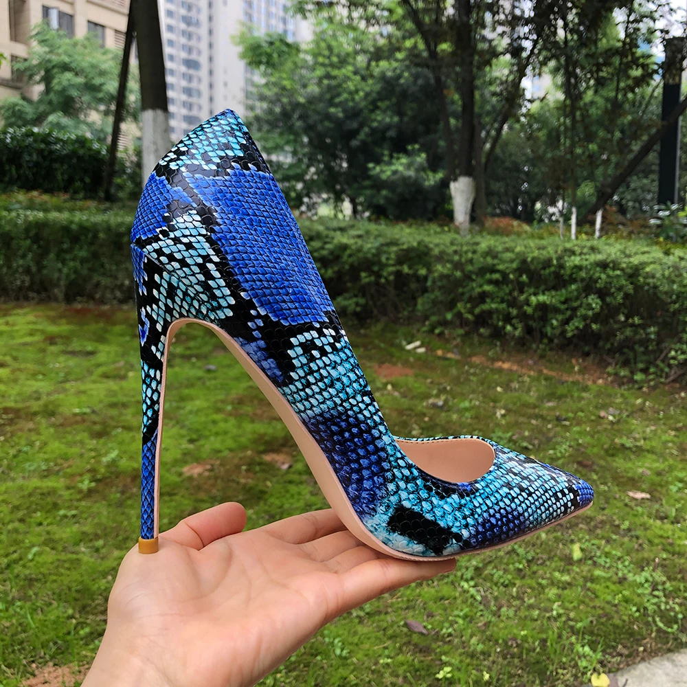 Tikicup Blue Python Pattern Women Sexy Extremely High Heel Shoes Ladies Chic Pointed Toe Stiletto Pumps Small Size 33 43 44 45