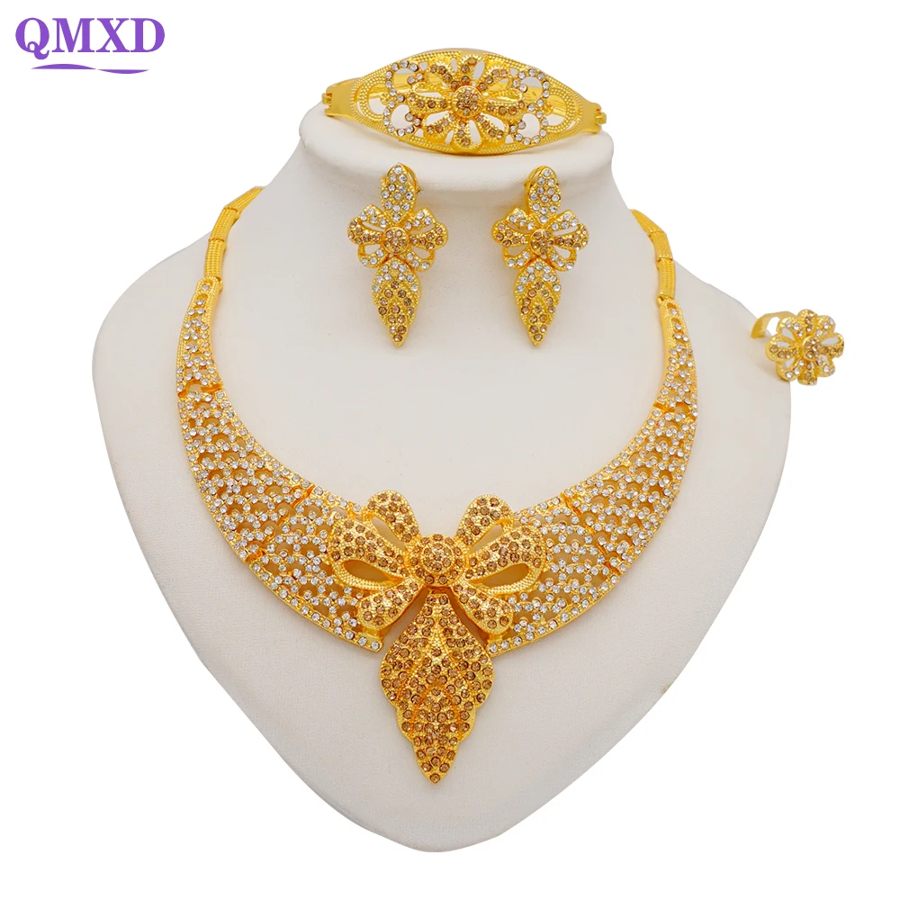 

Fashion Jewelry African Gold Color Jewelry Set For Women Dubai Nigerian Wedding Bridal Necklace Bracelet Earrings Ring Sets