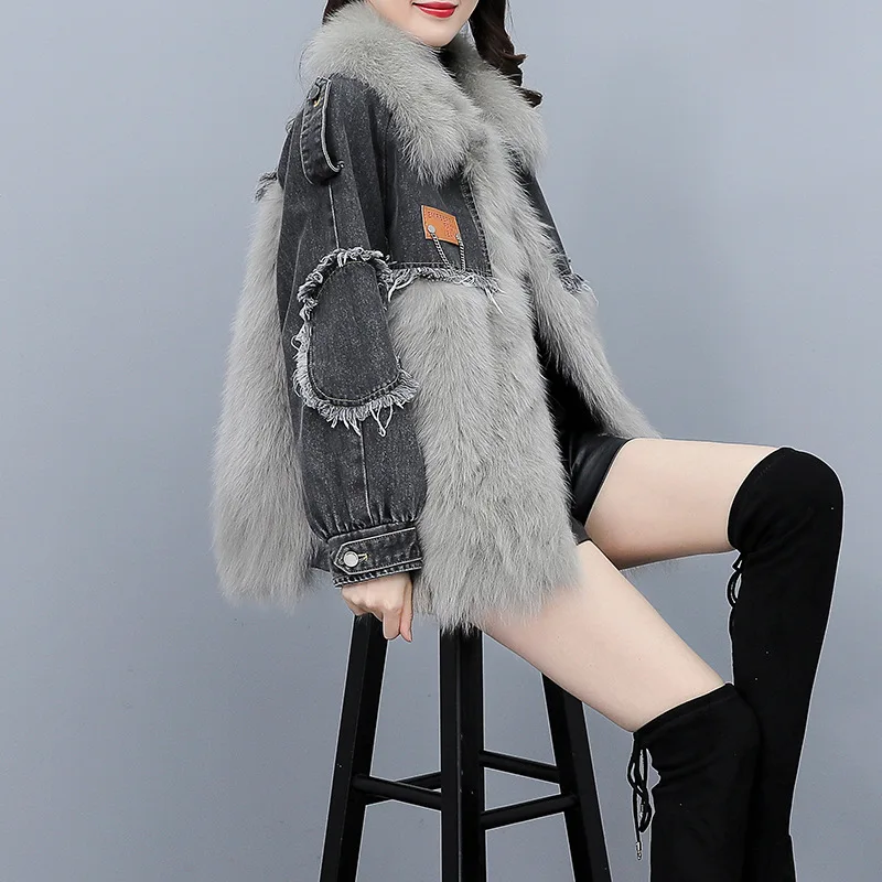 

High Quality Fluffy Furry Denim Artifical Fur Grey Cowboy Imitation Fox Fur Grass Coat Winter New Female Korean Short Thin Coat