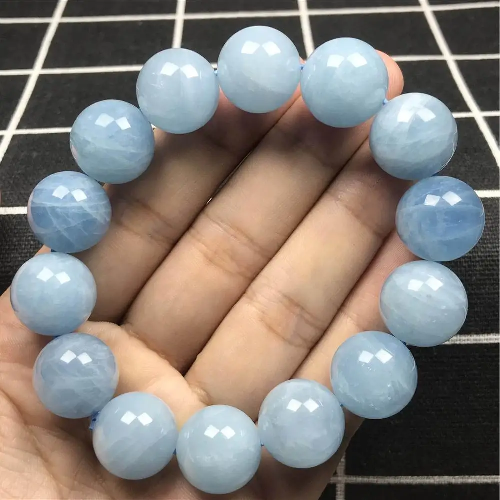 15mm Natural Blue Aquamarine Bracelet For Women Lady Man Reiki Rare Round Beads Crystal Healing Gemstone Wealth Jewelry AAAAA